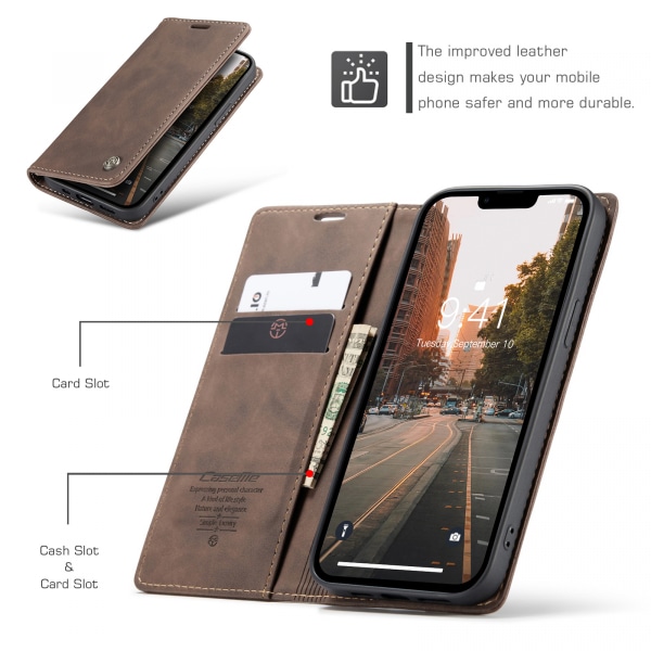 CaseMe 013 Series läderfodral till iPhone 14 Pro Max, mörkbrun brun