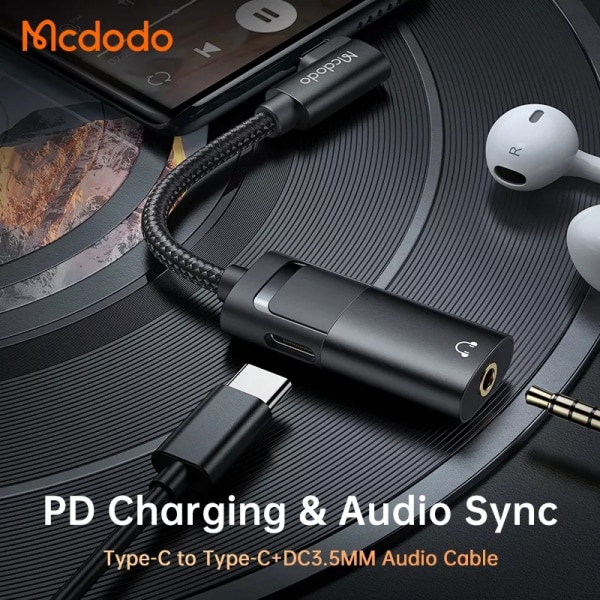 McDodo CA-1880 USB-C till USB-C+3.5mm-adapter, 120mm svart