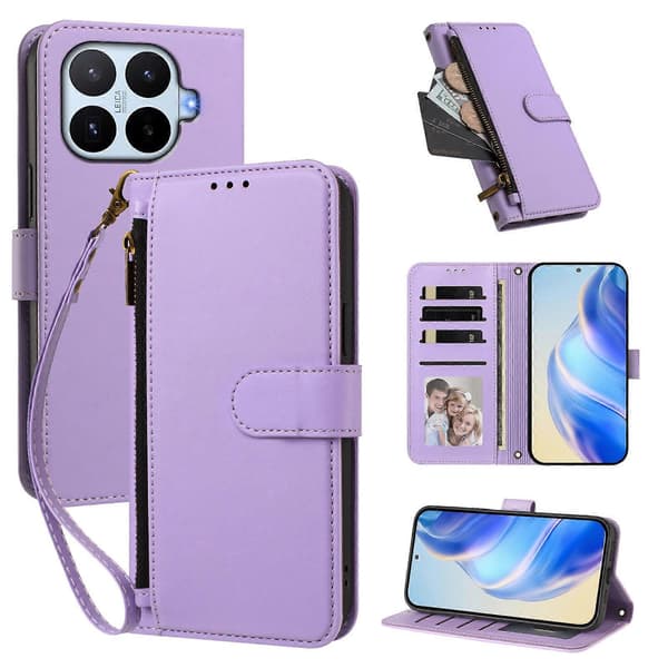 PU-läder plånboksfodral med blixtlåsficka och handledsrem för Xiaomi 17T light purple