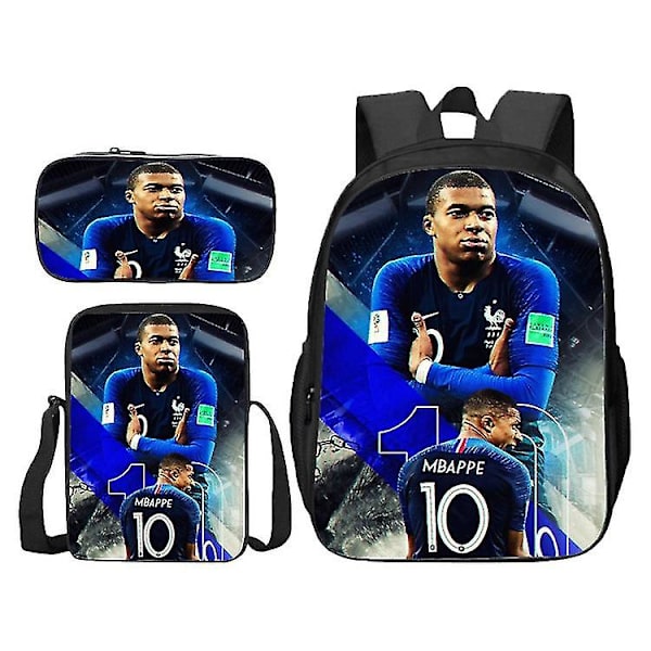 Jalkapallotähti Mbappé printed kolmiosainen puku lasten koululaukku päiväkodin pieni reppu opiskelijareppu miehille ja naisille 3pcs