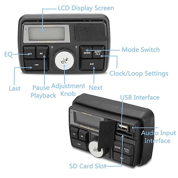Moottoripyörän äänentoisto Mp3-radio stereokaiuttimet Bluetooth vedenpitävä Fm 5 Eq-toiminnot Lcd-näyttö Usb/s