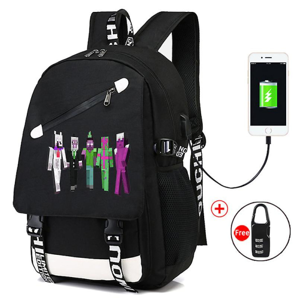 Minecraft Rygsæk Sort Usb Oplader Port Vandtæt rejsetasker Skoletaske 15 Computer Business Taske Vandtæt Mochilas Black