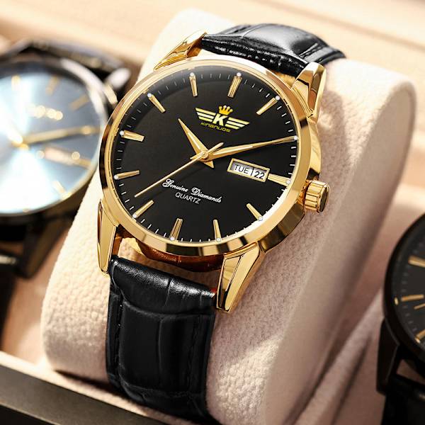 Quartz watch fritid vind kalender dekoration lysande black surface with a golden crust black