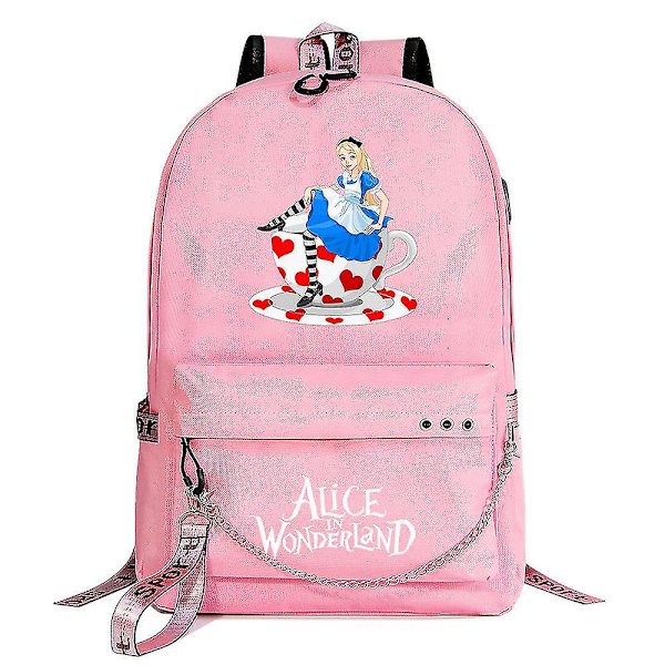 Alice In Wonderland Ryggsäck För Pojkar Flickor Barn Skolboksväskor Med USB kedja, Canvas Laptopväska för män väska Packsäck Bokväska För Dam 10