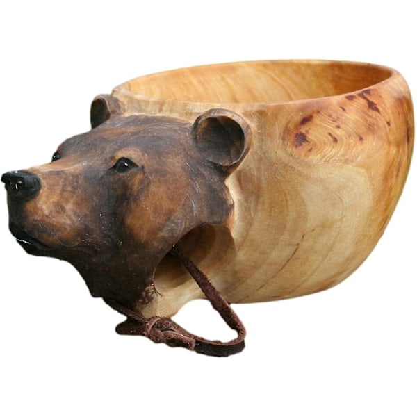 Håndskåret trekrus - Bear Head Design Cup for utendørs camping og reisende