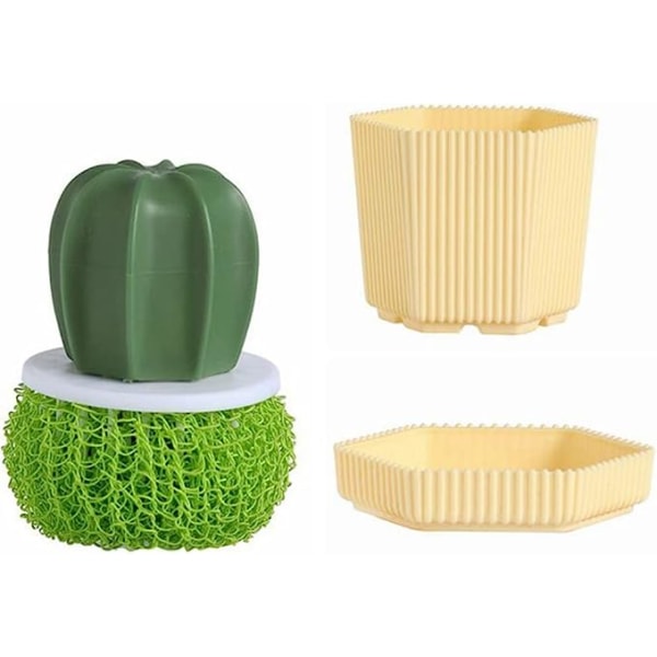 Kaktusformad rengöringsborste med handtag och förvaringsställ, löstagbar rengöringskula i nanofiber, diskverktyg för diskbänk, köksskurmaskin (gul)