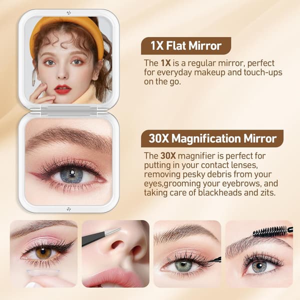 Magnifying mirror, 30x makeup mirror with magnification, small makeup mirror 8.5 x 8.5 cm, foldable travel mirror, white