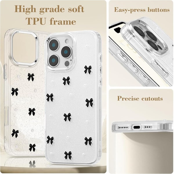 Skal till iPhone 16 Pro, Bling Glitter 3D Rosett Mobilskal Sött Glittrigt Kristallklart Rosett Slim Mjukt Tåligt Skyddande Skal Svart Black iPhone 16 Pro