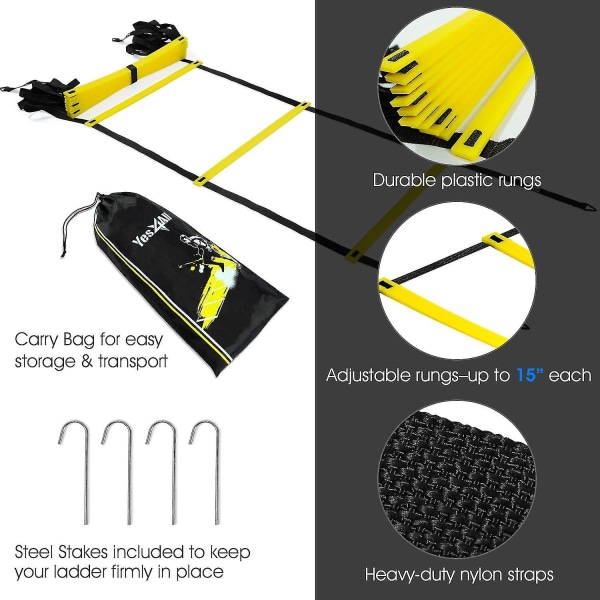 Ultimate Combo Agility Ladder set Speed ​​Agility Tikkaat 12 säädettävää puolta, 12 agilitykartiota ja 4 teräspuikkoa - mukana kantolaukku B  Combo Yellow