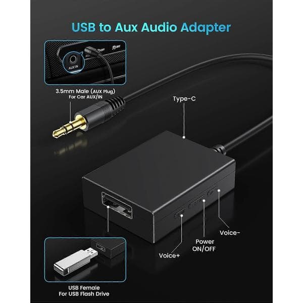 til Aux Audioadapter, 3,5 mm han til USB hun-adapter til afspilning af musik med flashdrev i bil
