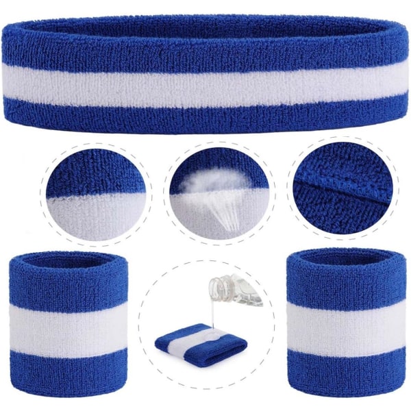 Set (3 kpl) Urheiluhikinauha Ranne Raidalliset Hikinauhat Ranneke Athletic ja hikinauhat Kosteutta siirtävä hikeä vaimentava päänauha Blue/White/Blue