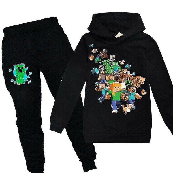 Minecraft Game Träningsoverall Set Barn Huvtröja Sweatshirt Byxor Outfit Black 15-16 Years