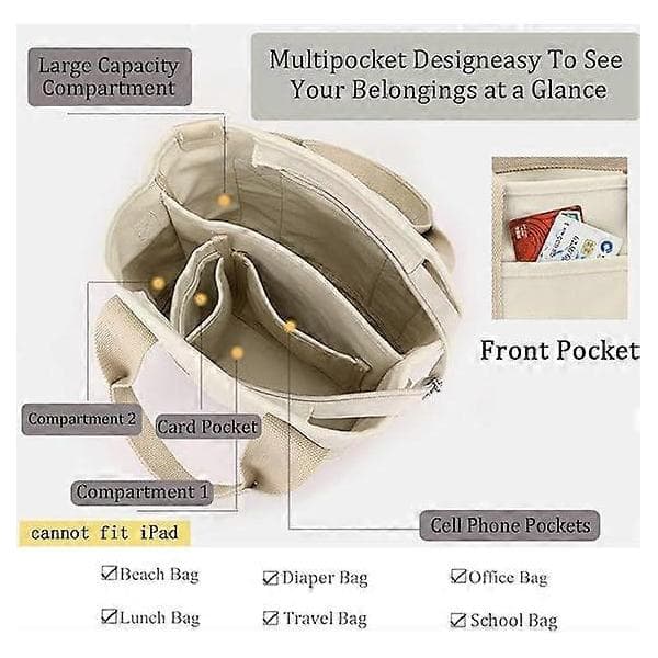 Canvas Multi-Pocket Zipper Bag, Handmade Canvas Material, Multiple Compartments, Multifunctional Women's Bag, Suitable for University, School Black-small