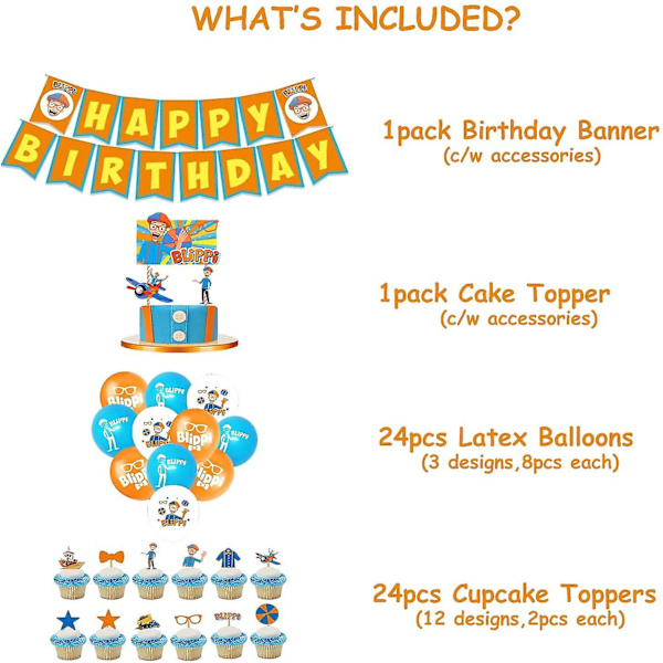 Syntymäpäiväjuhlatarvikkeet 68 kpl set , sis. 1 kpl Blippi Happy Birthday Bannerin, 24 kpl lateksiilmapalloja, 24 kpl kuppikakkupäällyksiä, 1 kpl kakkupäällystä