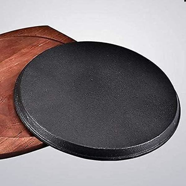Sikkerheds-bøfplader runde med træserveringsbræt, pizzapande støbejern rund, varm serveringsskål Teppanyaki-gryde rund hård (størrelse: 19 cm) (rød, sort) (1