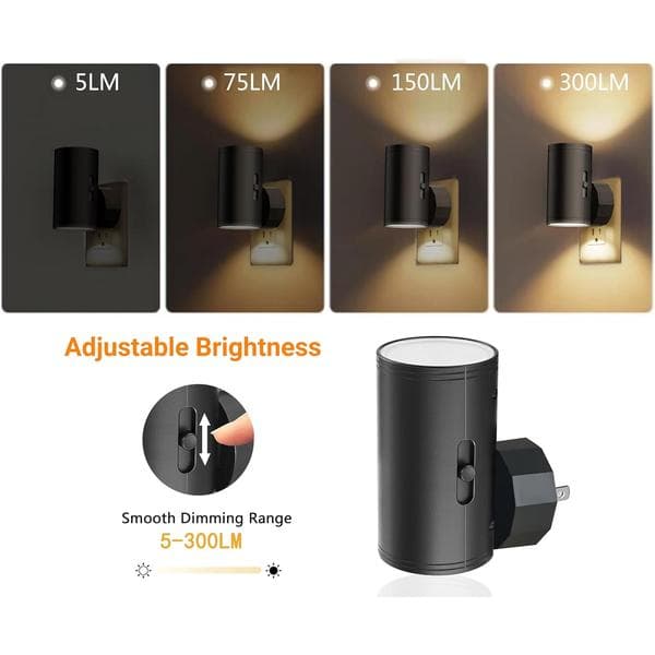 2-pack LED night light with plug - dusk sensor, adjustable 5-300 lm, warm white, dimmable for kitchen and hallway 2pc white