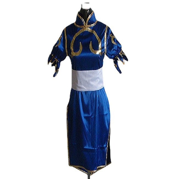 Lady Game Street Fighter Chun-li Cosplay-kostyme Blå Cheongsam med hårtilbehør og midjeantrekk Sett Gaver L