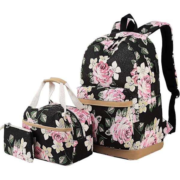 Canvas Ryggsäck Set Blommor Print Med Lunch Box Bag Och Case Black