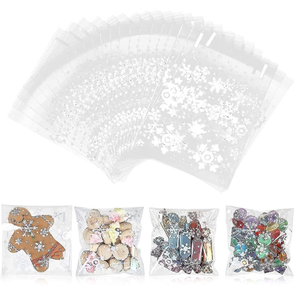 200 stk Snowflake Cookie Bag Klar plastpose Transparent Candy Christmas