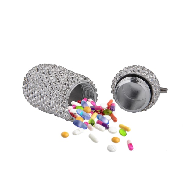 Bærbar Fuld Rhinestone Medicin Hætteglas Aluminium Legering Anti Læk Forseglet Medicin Flaske Nøglering Tilbehør Nøgleringe Engros| | Black