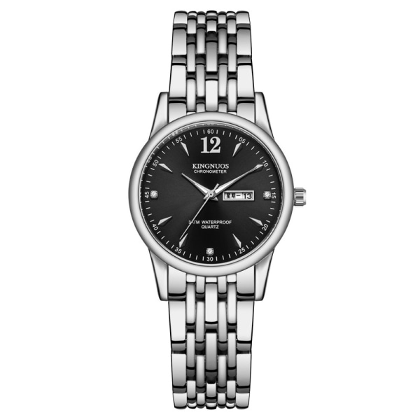 Motepar stålbelte vanntett dobbel kalenderklokke Silver watchband black dial Suitable for women