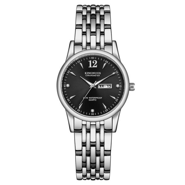 Muotipari teräsvyö vedenpitävä kaksoiskalenteri watch Silver watchband black dial Suitable for women