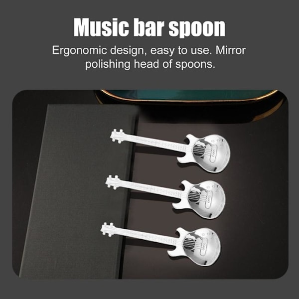Gitarr kaffesked 6-pack söt sked rostfritt stål tesked omrörningssked Gitarrform (silver)