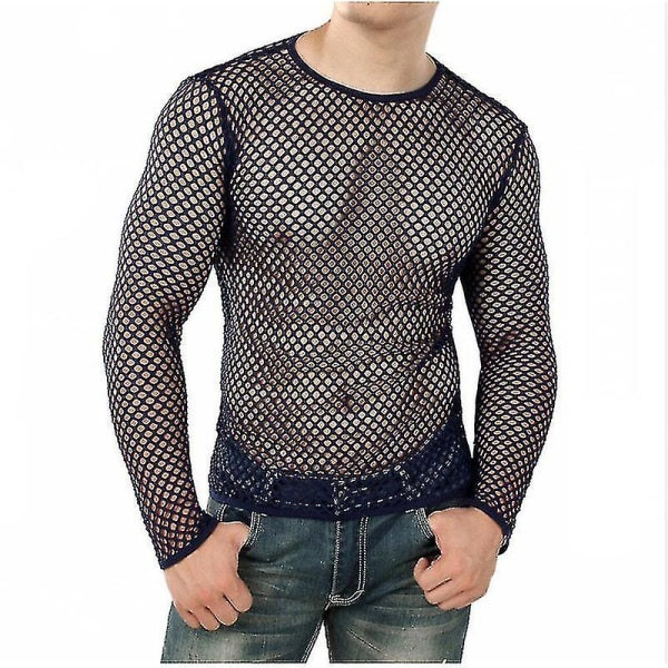 Sexy Herre T-shirt Mesh Fishnet Ærmeløs Undertrøje Top A Navy M