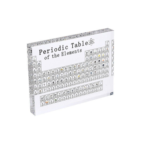 Stort periodisk system med ekte elementer inni, akryl periodisk system