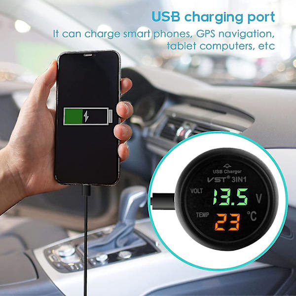 2024 Bil Voltmeter, 3 I 1 12-24v Bil Termometer Bil Usb Oplader Voltmeter Med Lcd Digital Display Panel