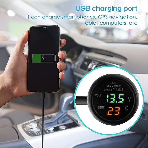 2024 Bilvoltmeter, 3 i 1 12-24v Biltermometer Bil USB-lader Voltmeter med LCD Digitalt Displaypanel