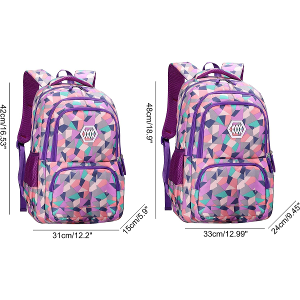 Tytölle Geometric Printed Primary Junior High University koululaukun kirjakassireppu (violetti, 19L) Purple 19 Liters