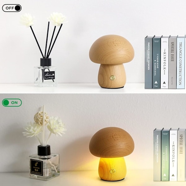 Svamp Lampe, 3 Farver USB Dæmpbar Sengelampe med Touch-kontrol, Vintage Træbordlampe til Soveværelsesdekoration