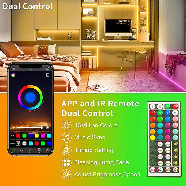 30m Led Strip Pghts (2 rullar på 15m) Rgb Music Sync Färgändring, Bluetooth Led Pghts med Smart App Control Remote, Led Pghts för sovrumsrum Pghti