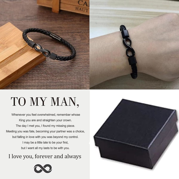 Til min mand, Infinity Læderarmbånd Mand Gaver fra kone Jeg elsker dig for evigt og altid Armbånd Kæreste Jubilæum Fødselsdag Julefædre G Black