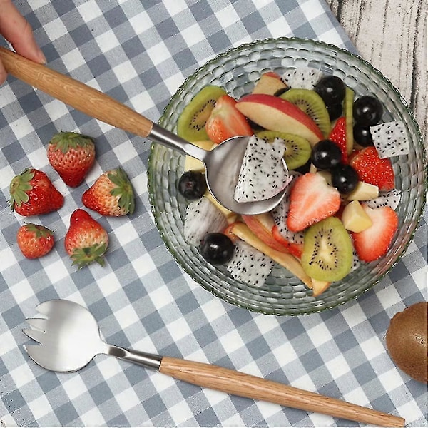 Wuzhou Salatgaffel og skje, salatbestikksett salatskje med trehåndtak trehåndtak gaffel for hjemmekjøkken (1 sett (2 stk))
