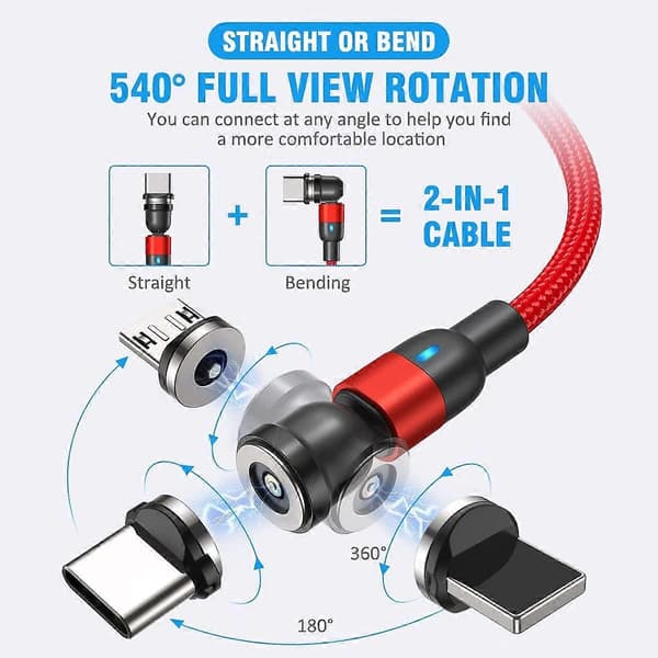 4-pakning 2 meter magnetisk ladekabel, 540° rotasjon, nylonflettet, magnetisk telefon