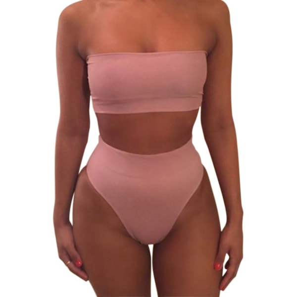 Solid Color Crop BH Bikini Badetøj Badedragt Strandtøj Sæt til kvinder pink M