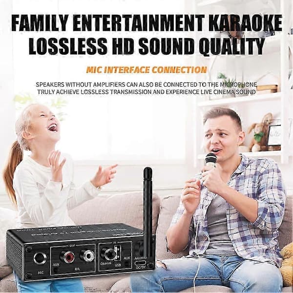 DAC Bluetooth 5.3 lydmottaker digital til analog omformer 3,5 mm AUX/RCA/koaksial/USB U-disk karaoketrådløs adapter Black