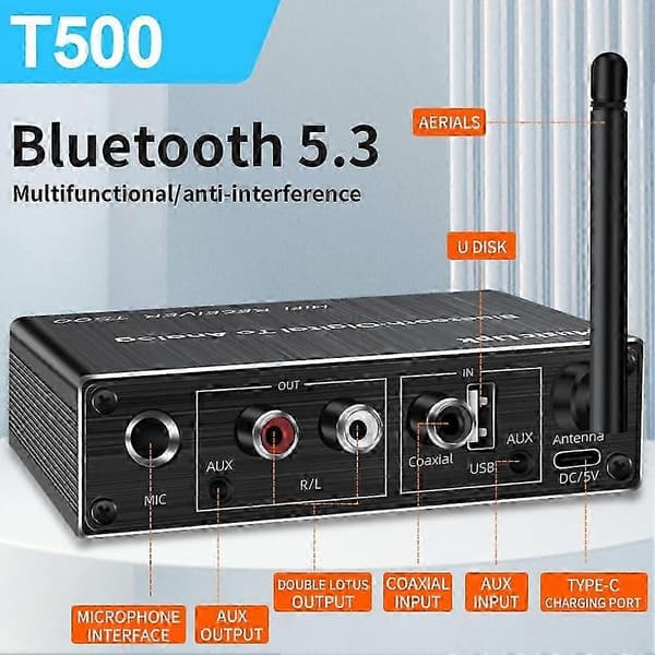 DAC Bluetooth 5.3 lydmottaker digital til analog omformer 3,5 mm AUX/RCA/koaksial/USB U-disk karaoketrådløs adapter Black