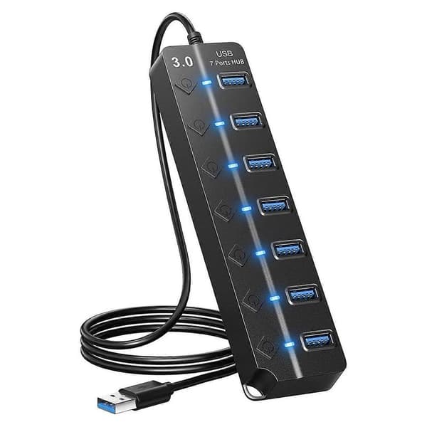 7-porters USB Hub Splitter Multi Hub USB 3.0 Adapter USB Flere Porter Strømadapter med Strømbryter