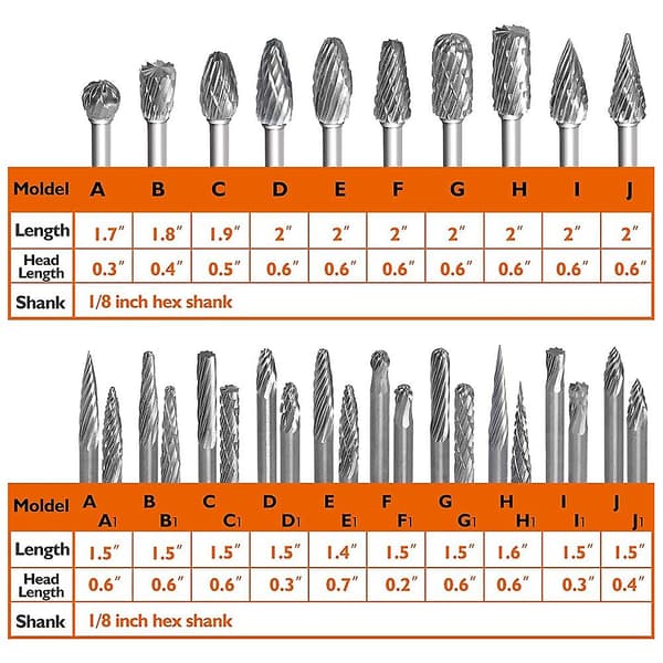 30 stk. Dobbelt Slebne Karbid Fræser Sæt, 1/4 tommer Hovedlængde Rotationsværktøj Fræser + 1/8 tommer Wolfram Solid Die Grinder Bits silver