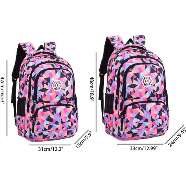 Tytölle Geometric Printed Primary Junior High University koululaukun kirjakassireppu (musta, 35L) Black 35 Liters