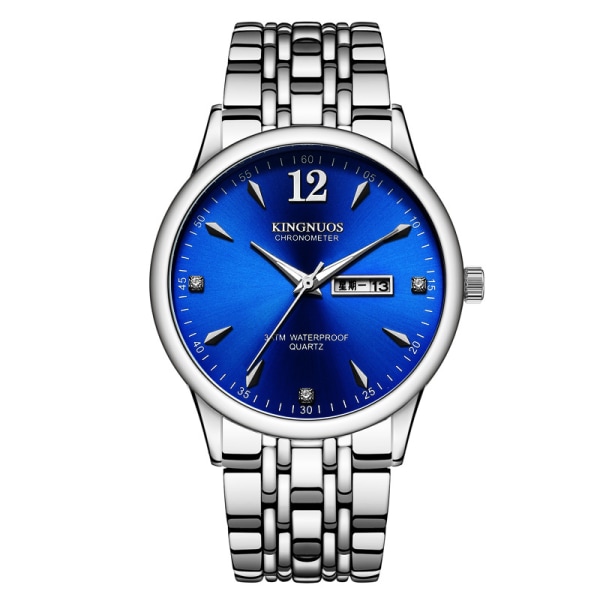 Mode par stål bælte vandtæt dobbelt kalender ur Silver strap and blue dial Suitable for men