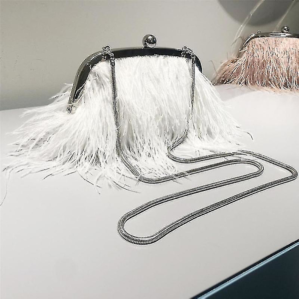Dame håndtaske fjer clutch taske: Luksus design med 2 typer slange kæde & perle kort kæde - farve: hvid