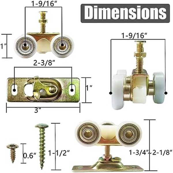 2-pack skjutficka Dörrhårdvara Topphängare Rullar Hjul Monteringspass del 1125 & 1500 Hardwar As Shown