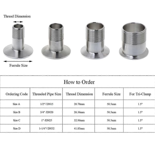 Tri-Clamp-adapter i rustfritt stål DN20 for slangekobling sanitærrør DN15