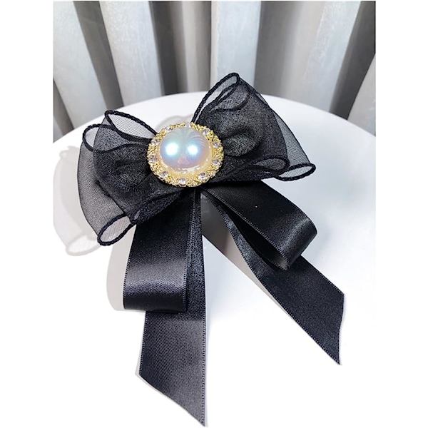 Rosett Brosch Pärla fluga Broscher för kvinnor Band Tyg Rosett Slips Brosch Krage Pin Dam Kläder Accessoarer Modesmycken (Färg: Svart)
