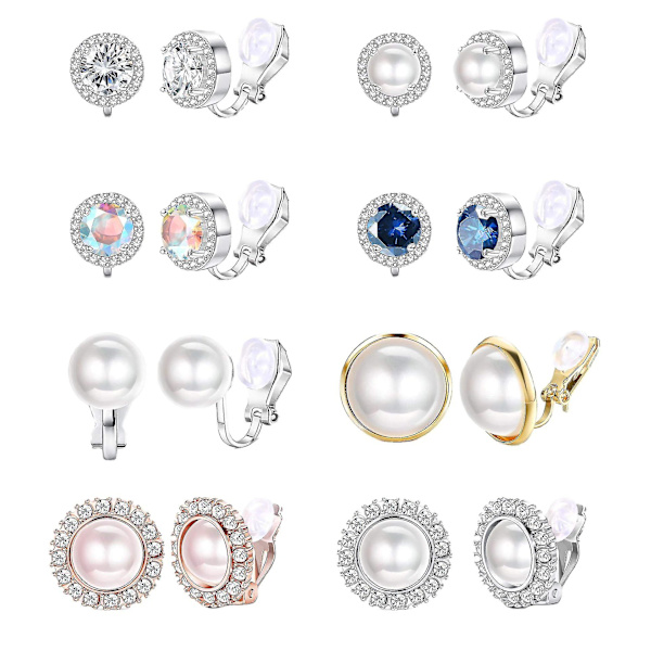 8 par clips örhängen set för kvinnor Rose Flower Cz Simulated Pearl Gold Knot Clip örhängen med gummikuddar Icke genomborrade hypoallergena clip on örhänge