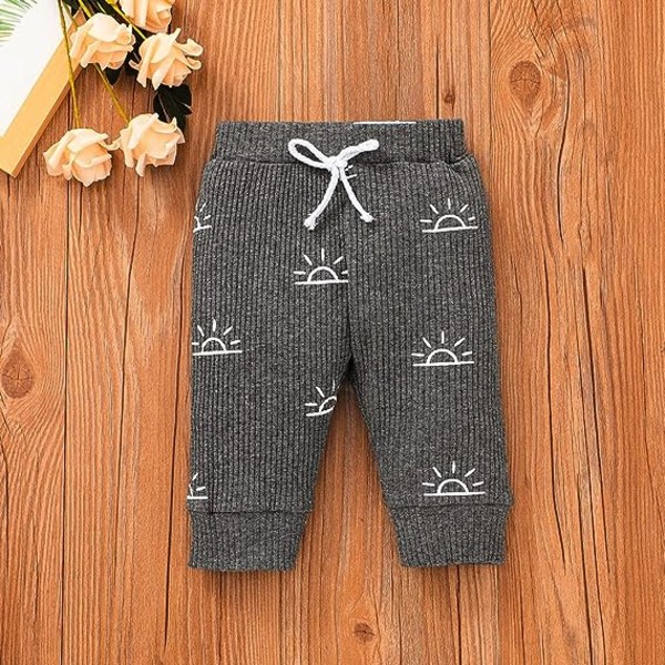 Baby Boys Kläder Nyfödd Ribbad långärmad Romper med solmönster + Byxor + Hatt Outfit Set Grey 9-12 months